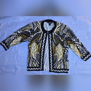 August silk Elegant Black and Gold Leaf Patterned cardigan Jacket‎ Sz L